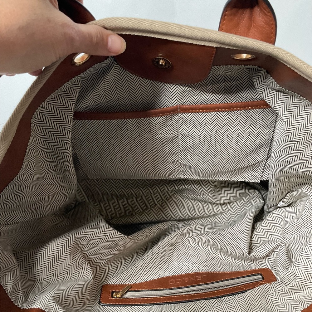 Jen & Co Woven Patterned Cotton Peach Cream Grey Striped Tote Bag Lined Interior - Picture 10 of 15